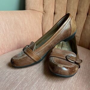Brown flat loafers, very comfy!